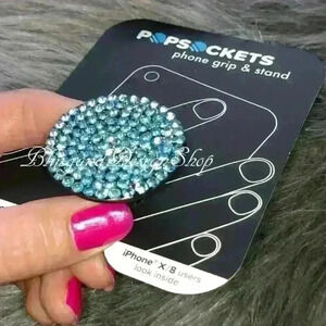 Handmade Bling Customized Black Popsocket made with Teal Swarovski Crystals